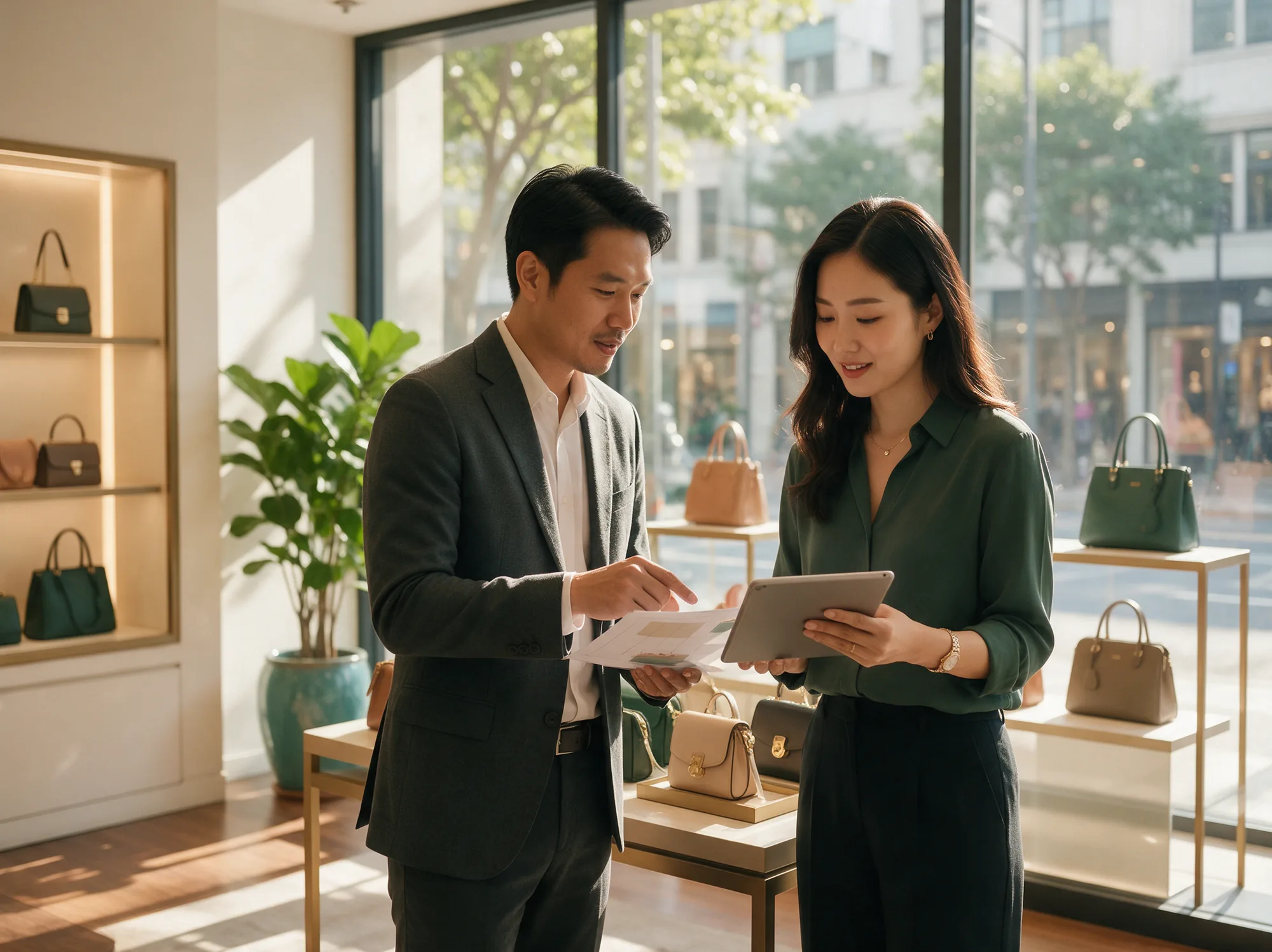Retail managers planning a promotion beside a store window display