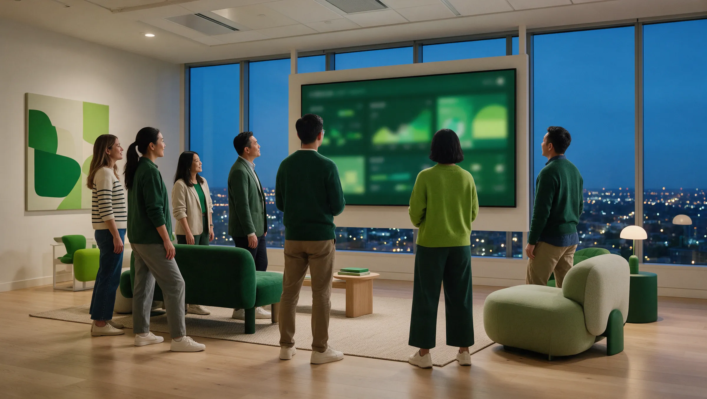 Operations room monitoring a multi-currency unified commerce platform at night