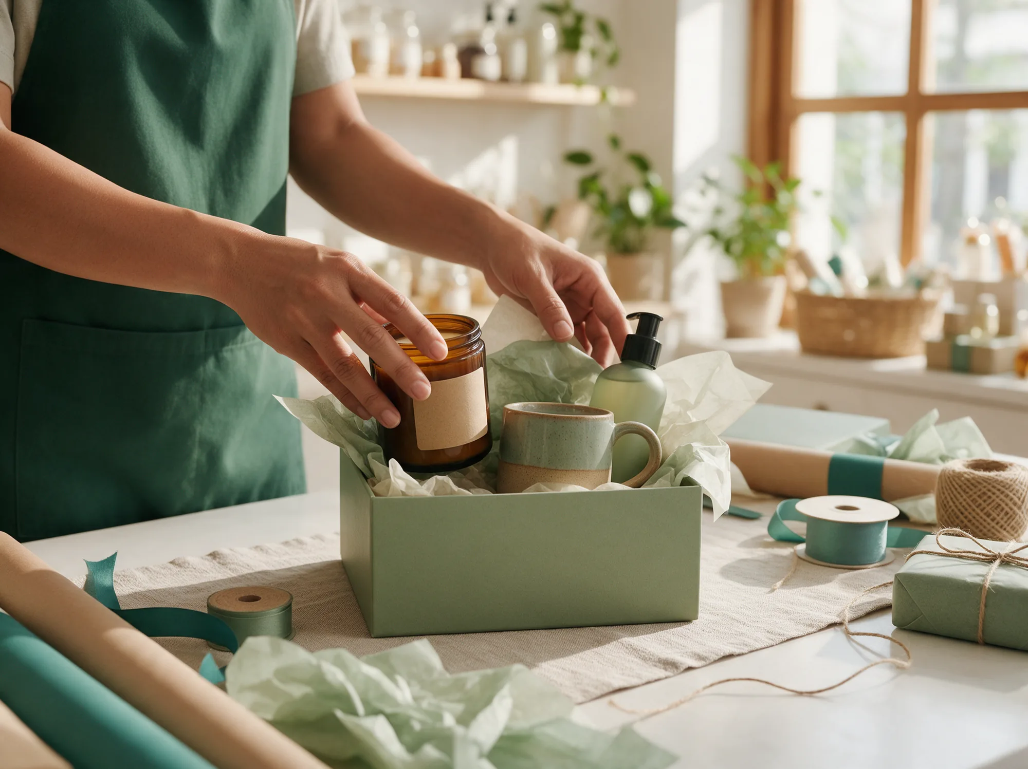 Shop assistant assembling a gift bundle with a candle, mug and skincare bottle