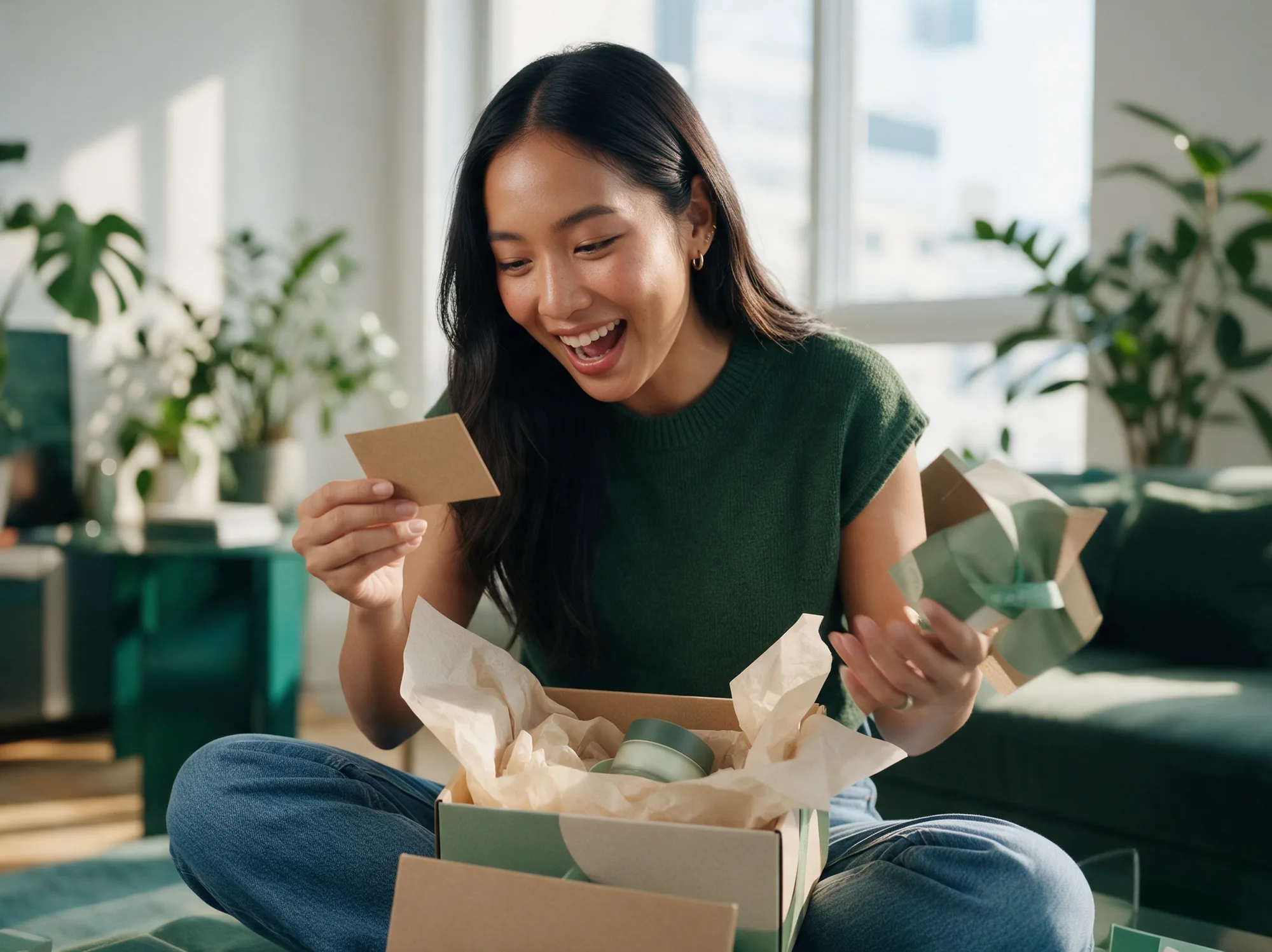 Creator opening a brand gift parcel with a card for her unique promo code