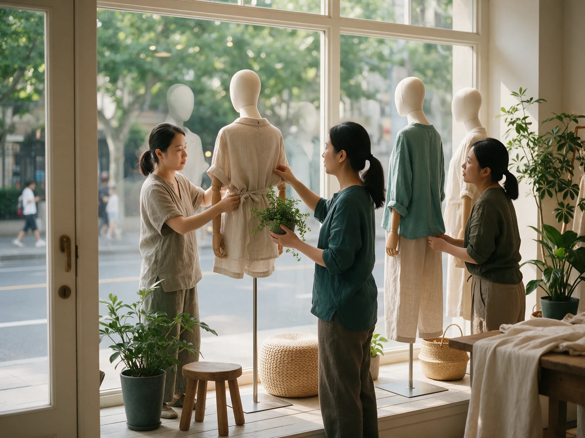 Retail team restyling a boutique window for a seasonal sale launch