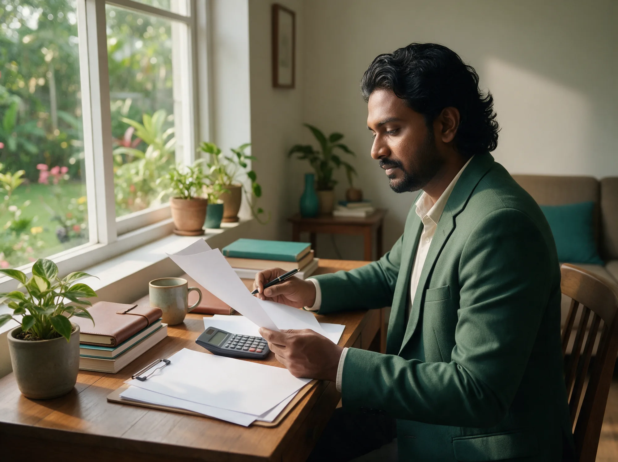 Finance lead reviewing figures with a calculator at a desk by the window