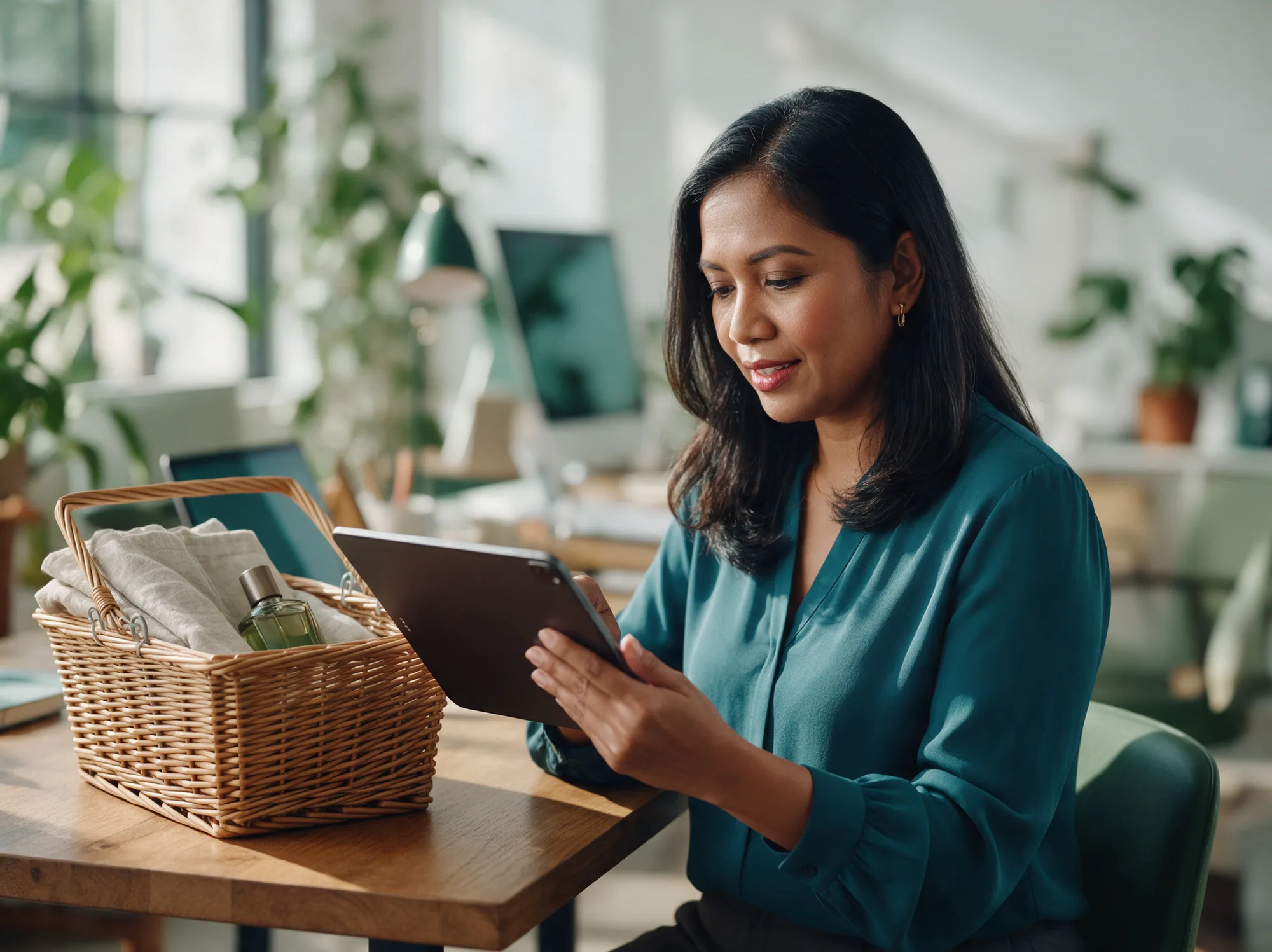 Ecommerce manager testing a checkout on a tablet beside a basket of sample products