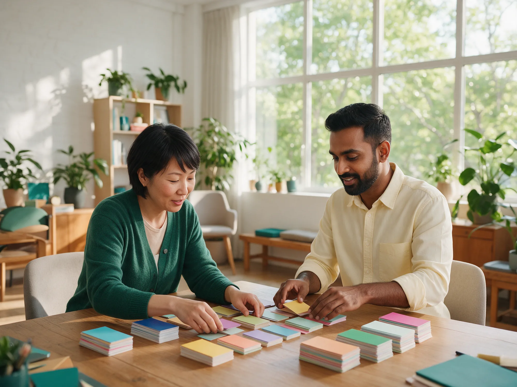 Two retail managers arranging coloured cards in tiers while planning how offers combine