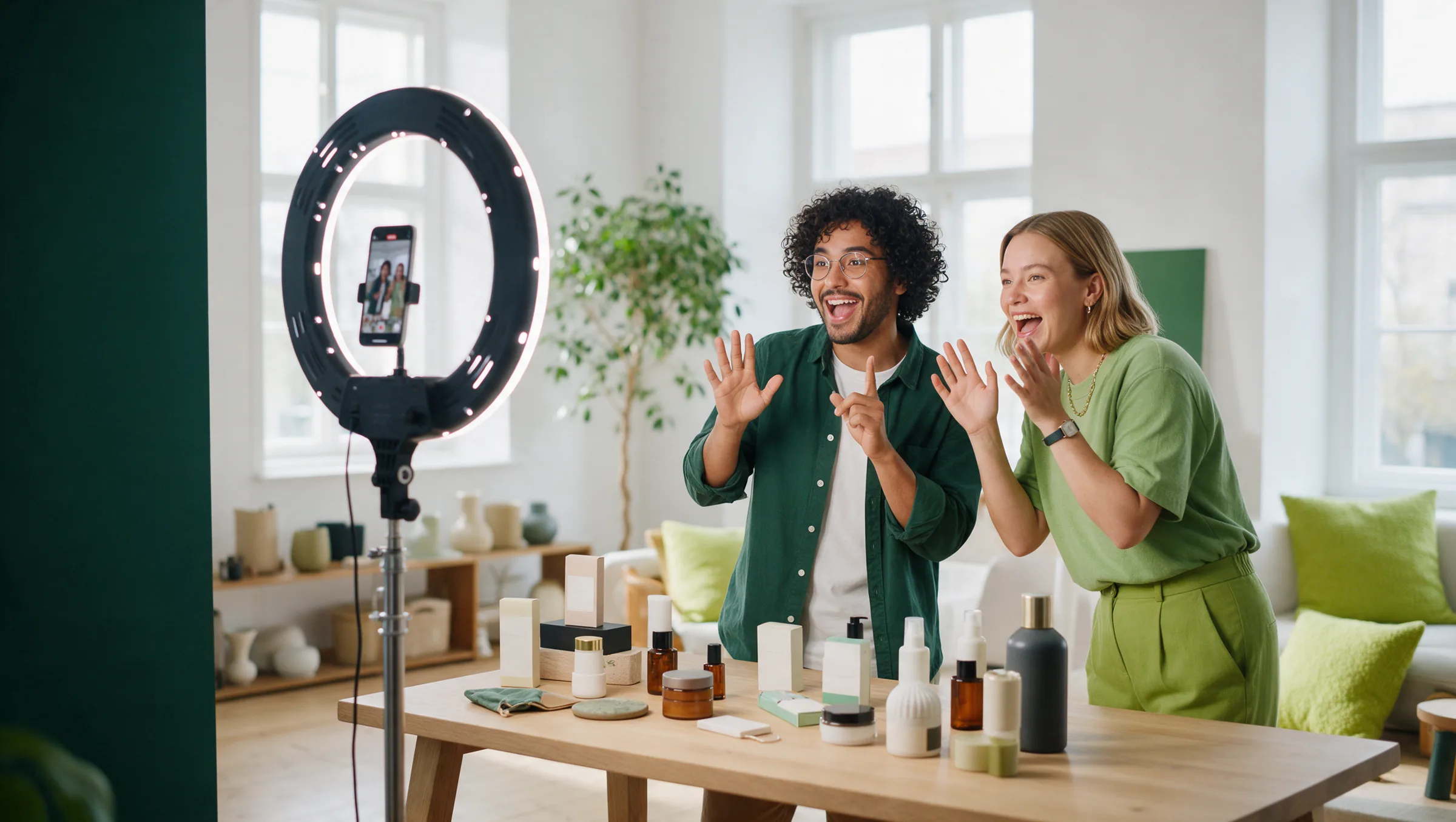 Two creators filming a live selling stream for marketplace shoppers with a ring light