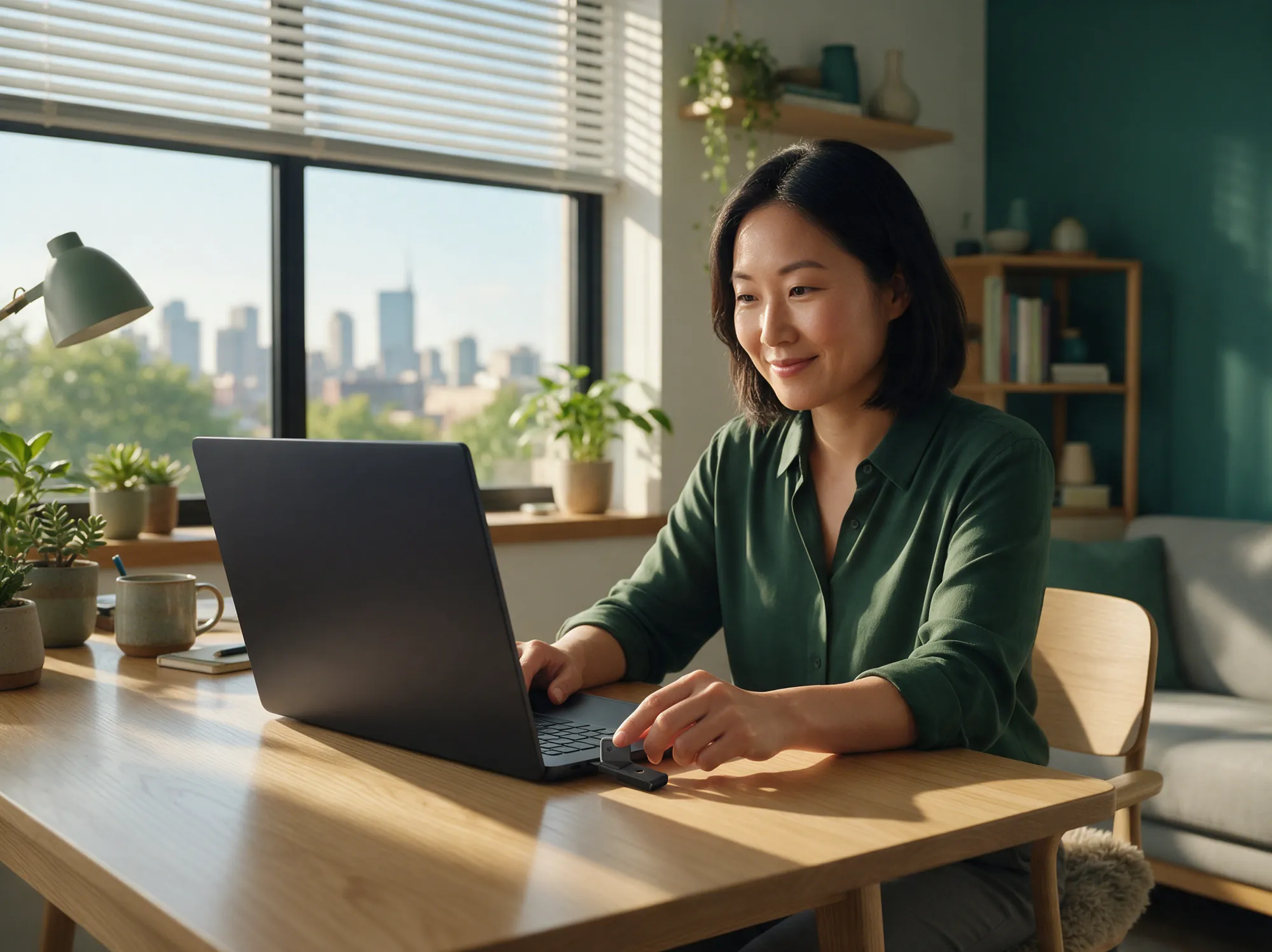 Back-office manager plugging a security key into her laptop