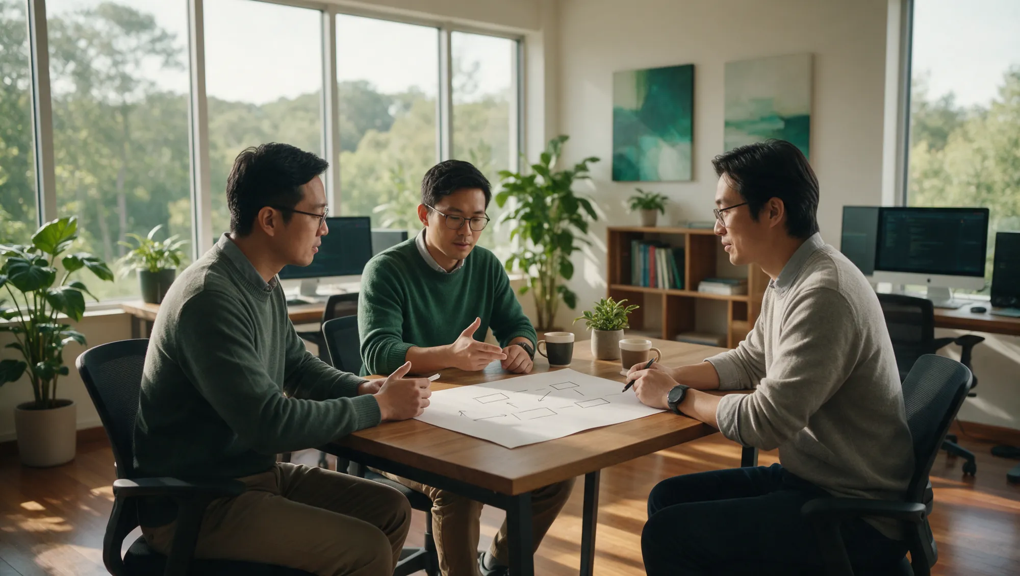 Security engineers discussing a commerce platform design over a sketch