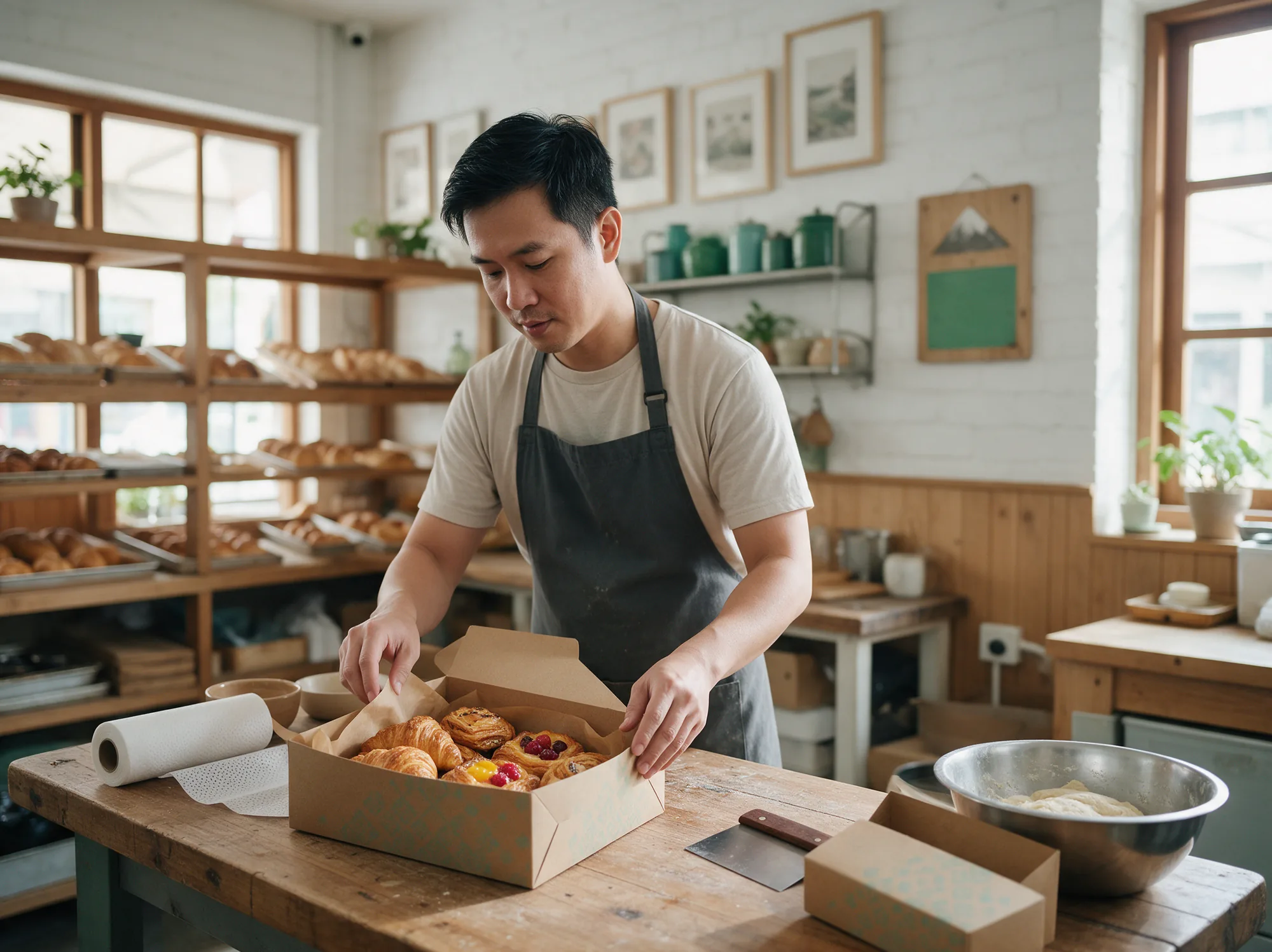 Baker boxing fresh pastries for a delivery order in his bakery