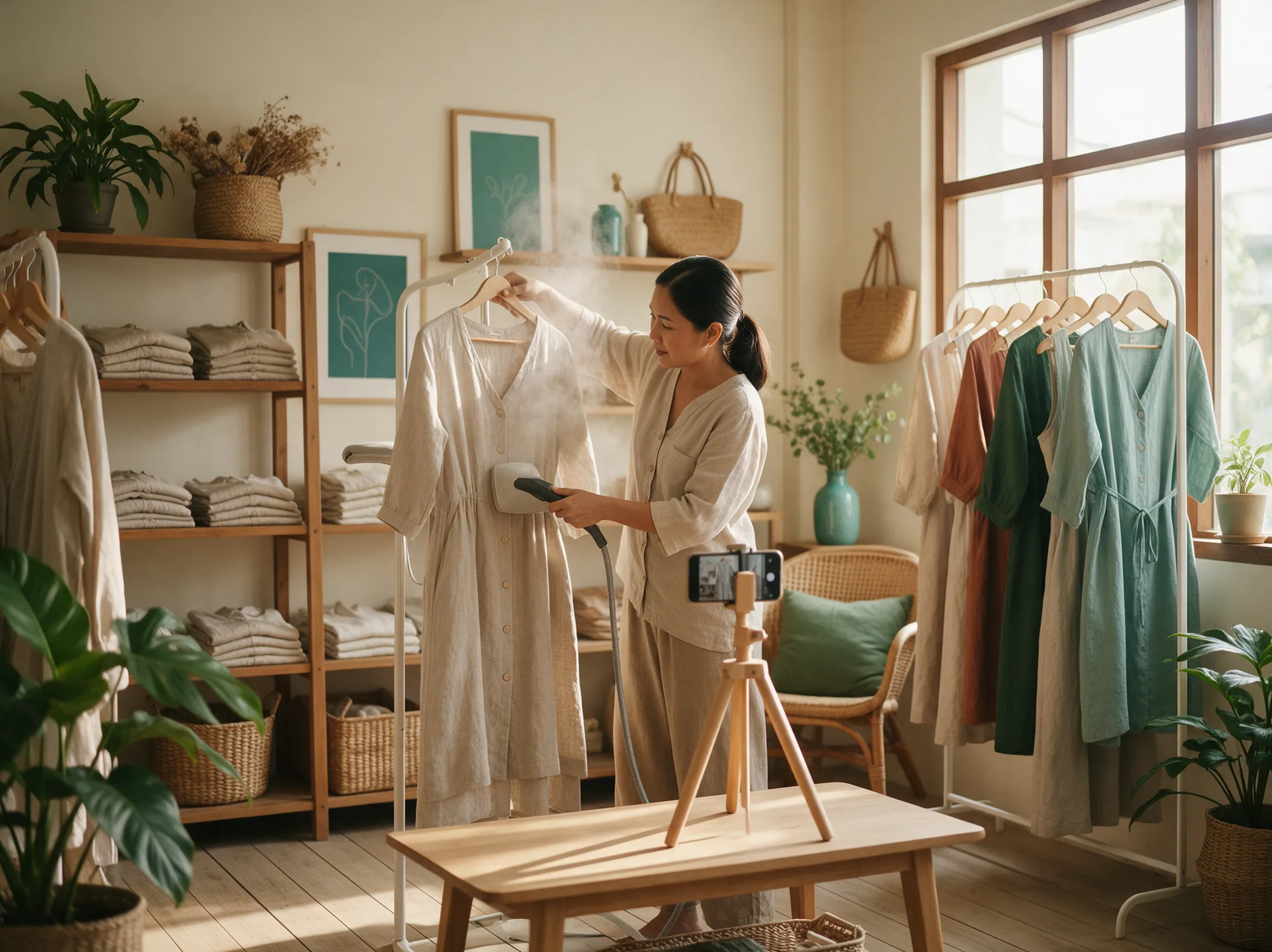Boutique owner steaming a linen dress with a phone set up to photograph it for her online store