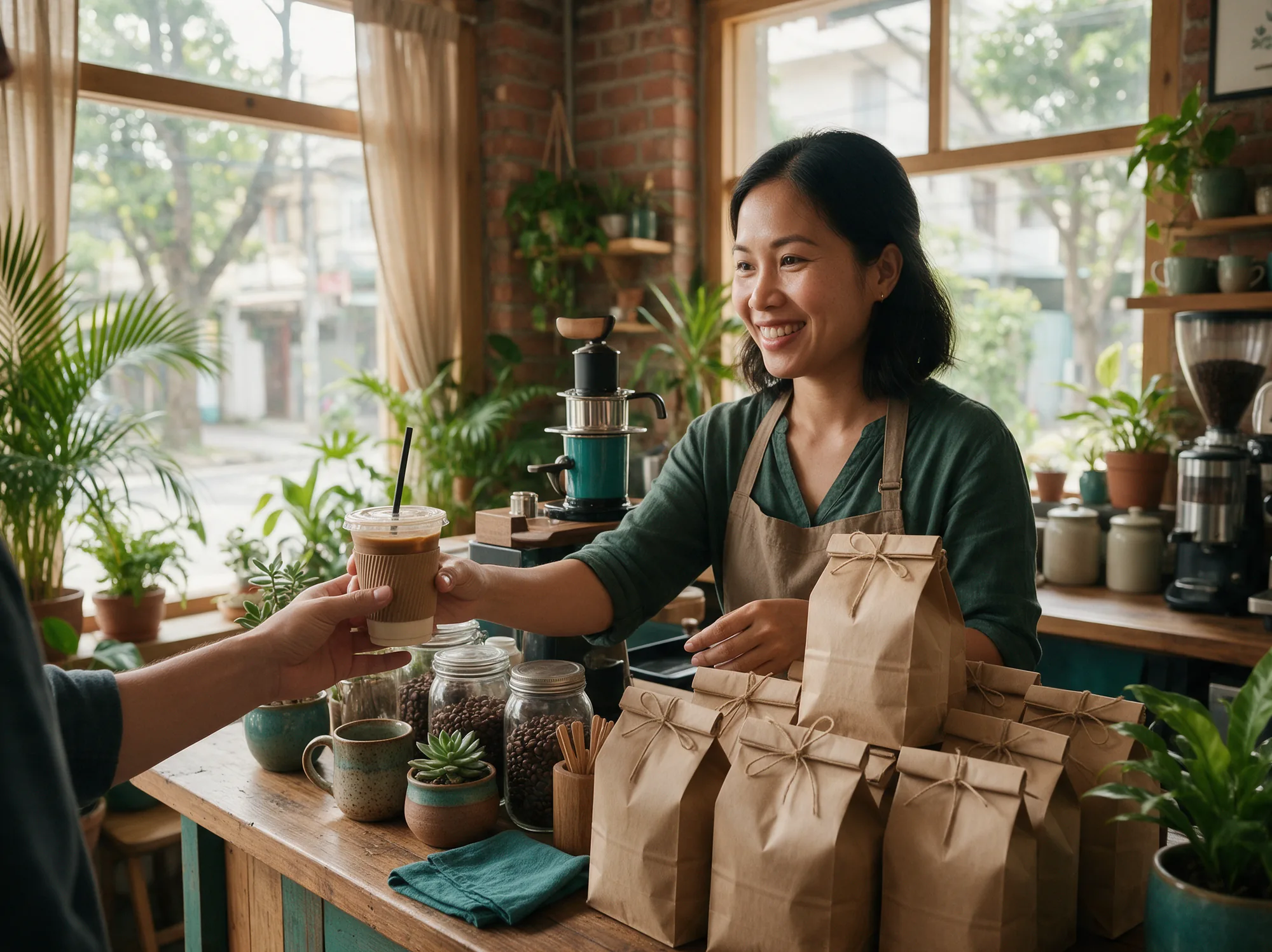 Cafe owner handing a takeaway coffee across her counter, bags of her roasted beans packed for online orders