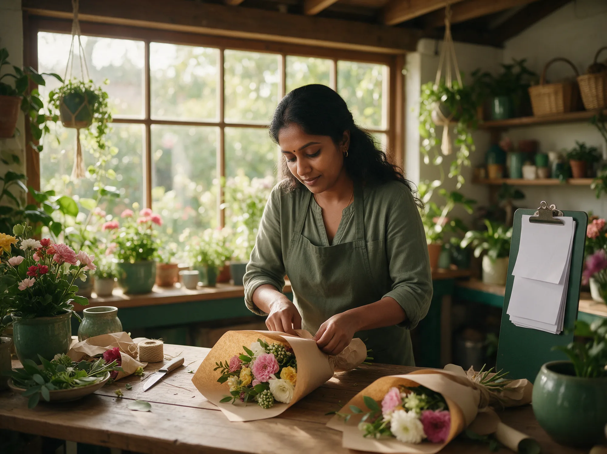 Florist wrapping a bouquet for an online order in her flower shop