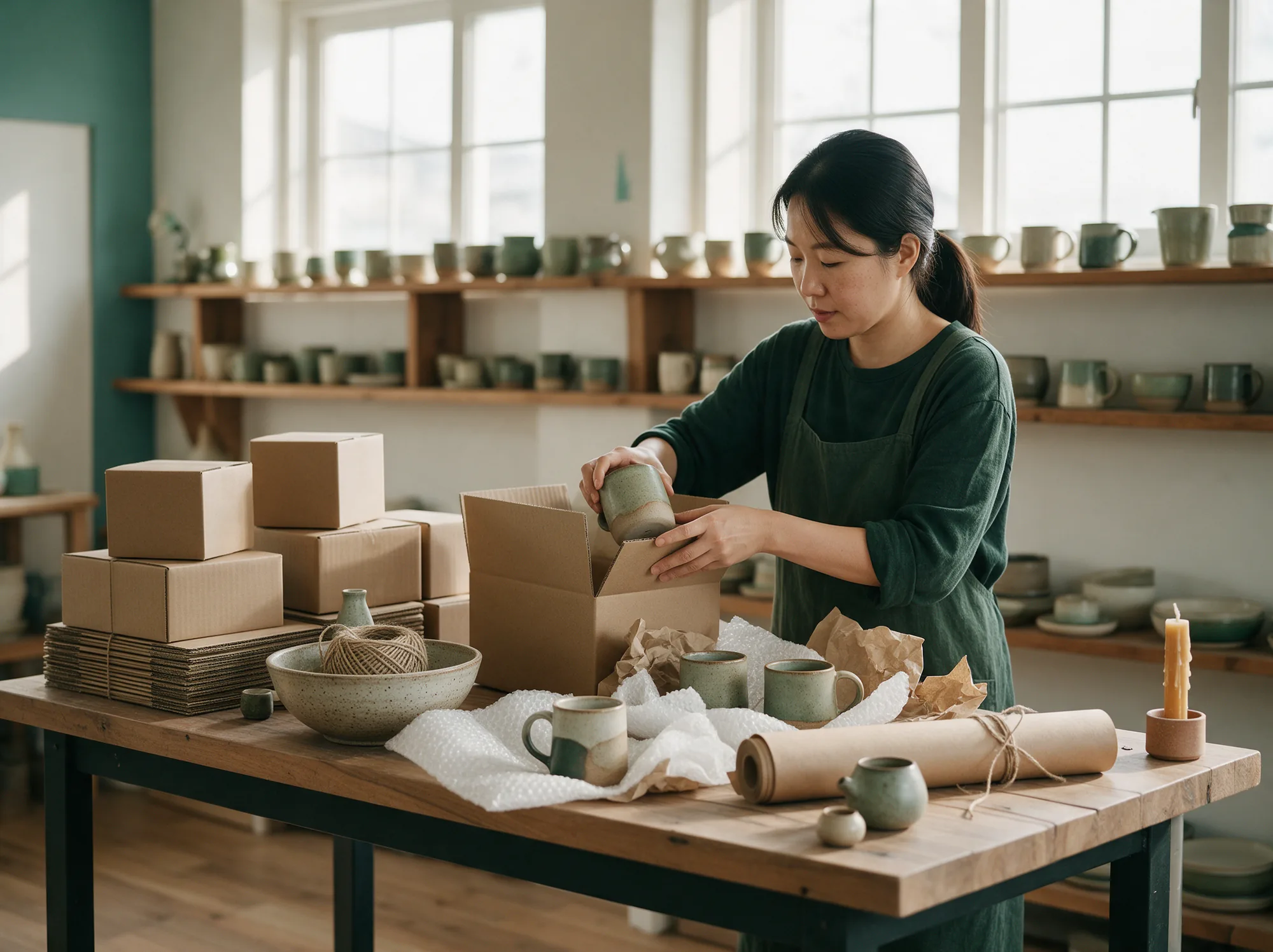 Ceramics maker packing handmade mugs for online orders in her studio