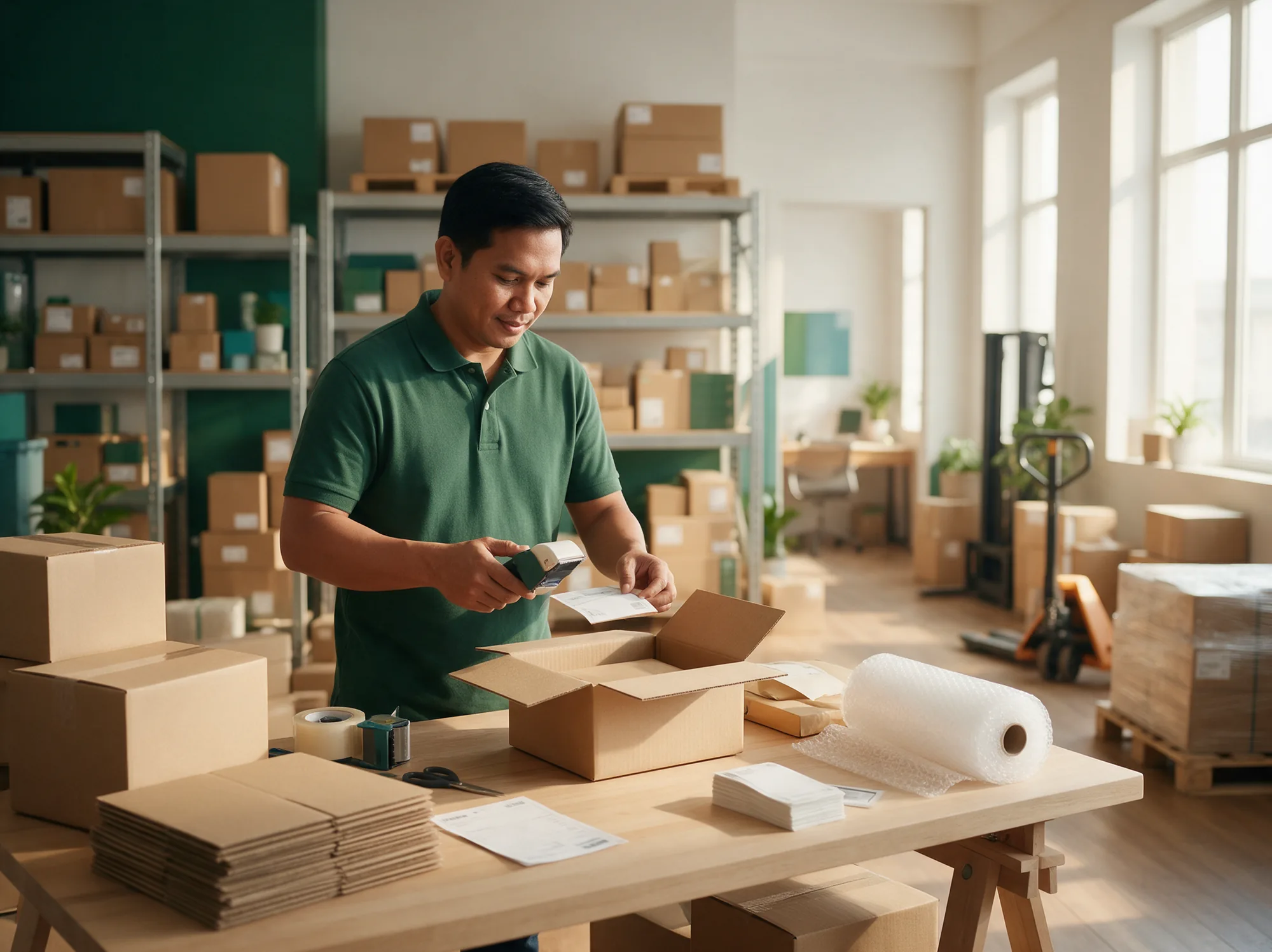 Warehouse owner scanning a parcel at his packing station