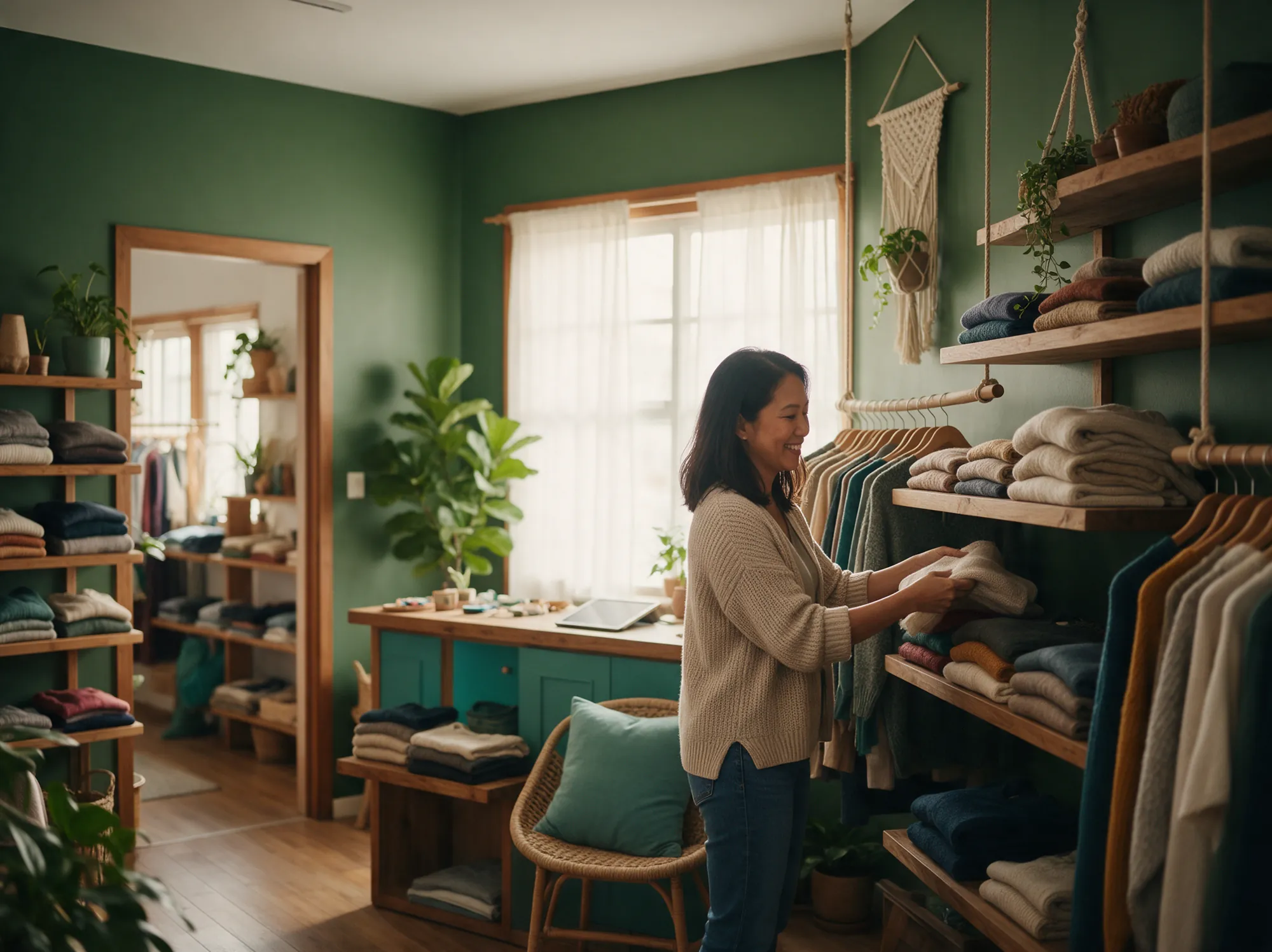 Store manager restocking shelves while her online store runs smoothly