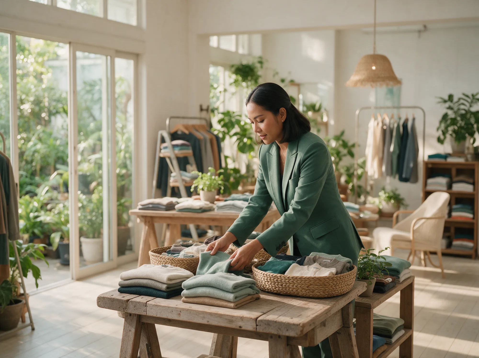 Store manager adjusting a branded boutique display