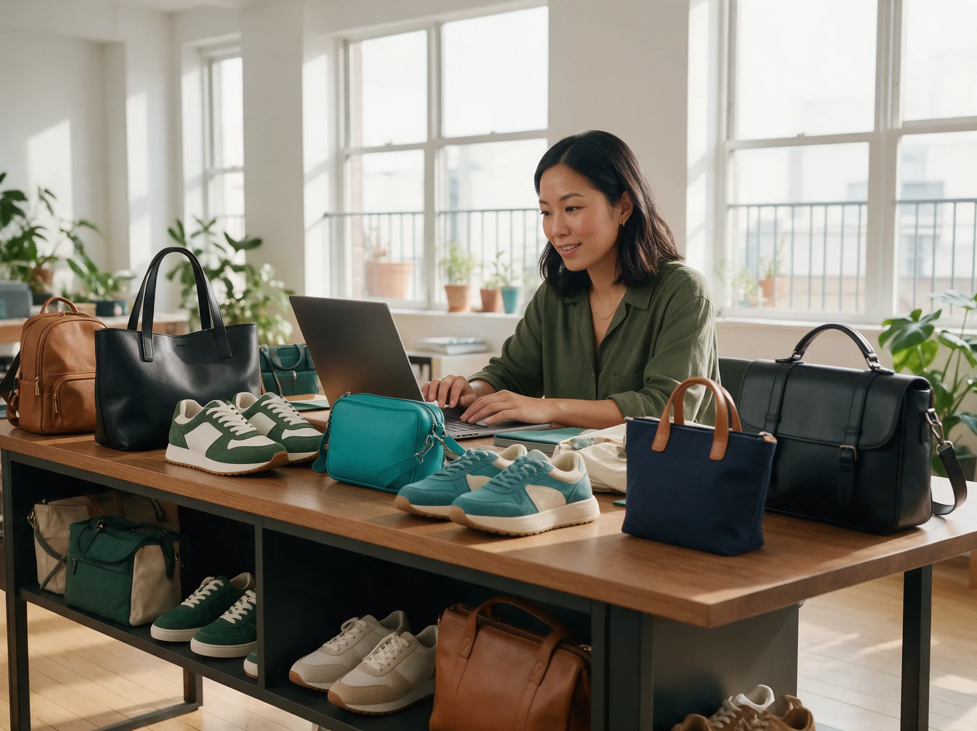 Merchandiser updating a large product range from her desk surrounded by samples