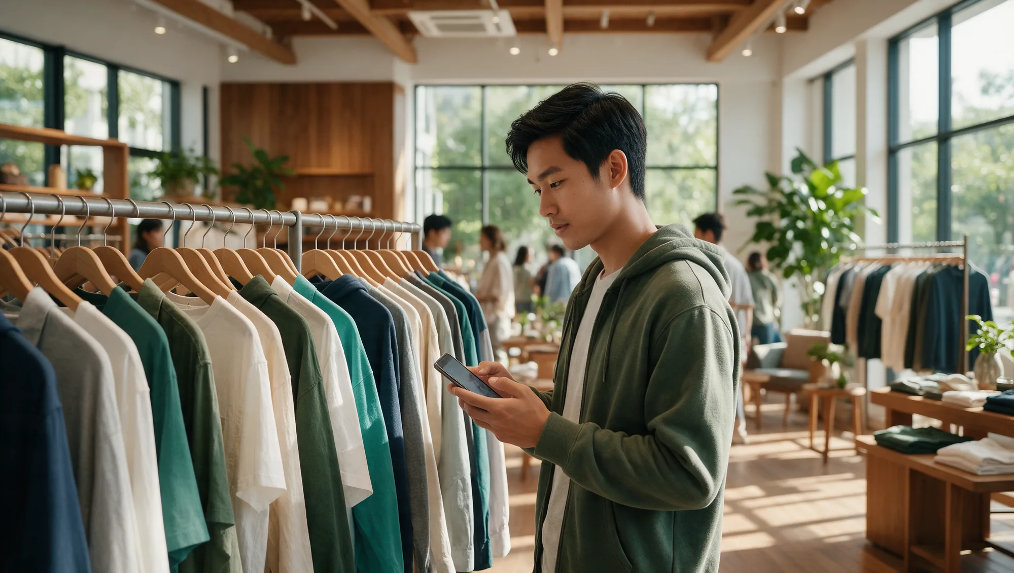 Shopper checking the brand app while browsing a bright flagship store