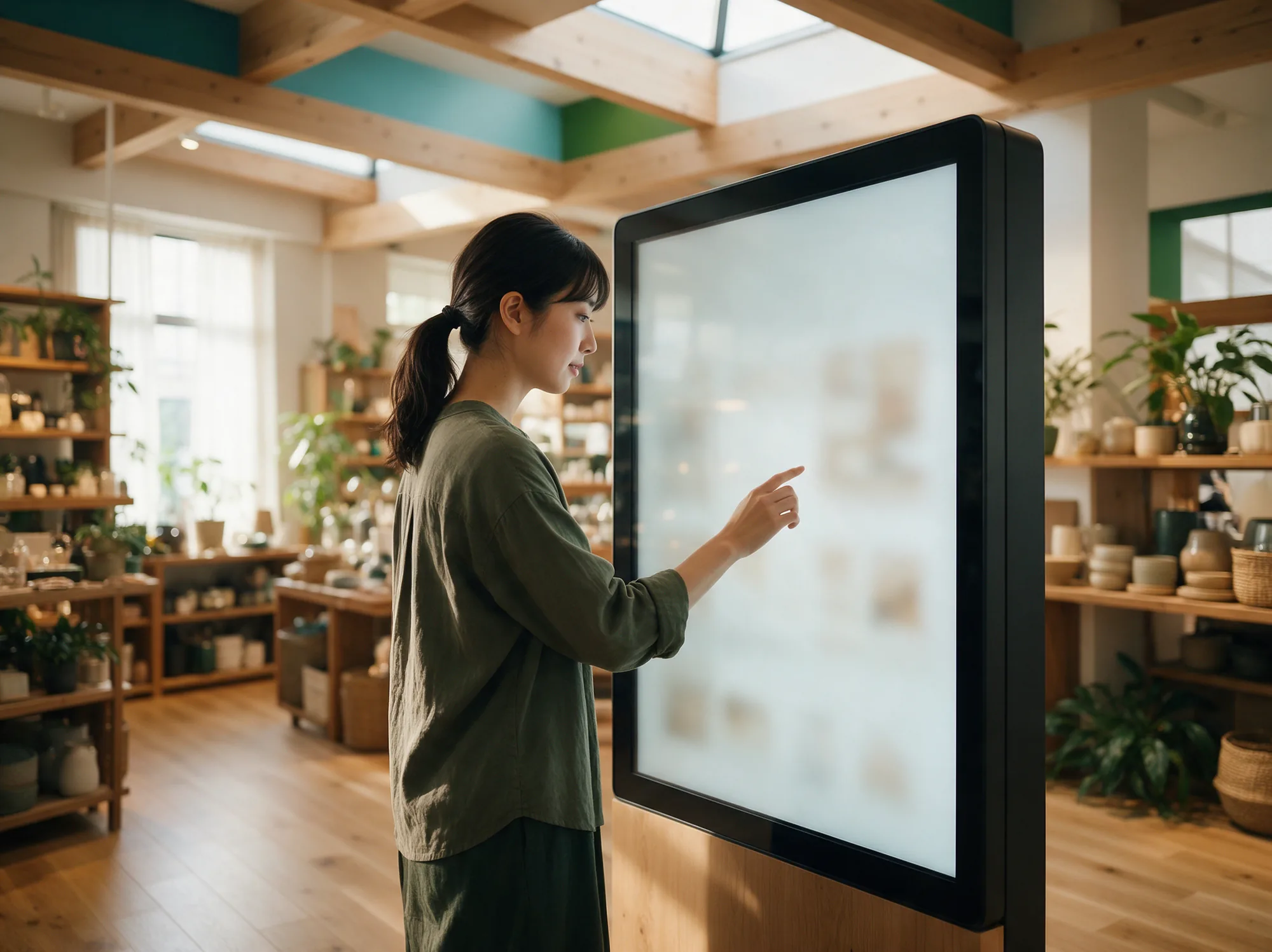 Shopper browsing an in-store touchscreen kiosk