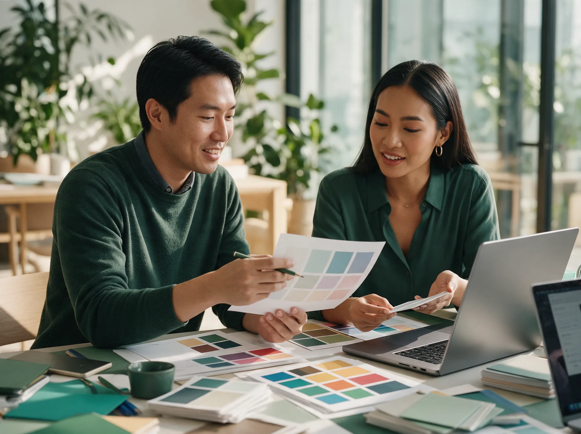 Two colleagues reviewing product content for new markets at a sunlit table