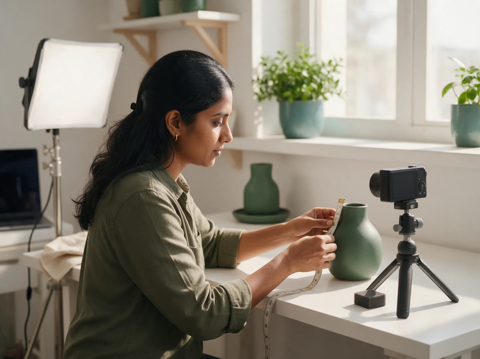 Catalog specialist measuring and recording a product at a studio table
