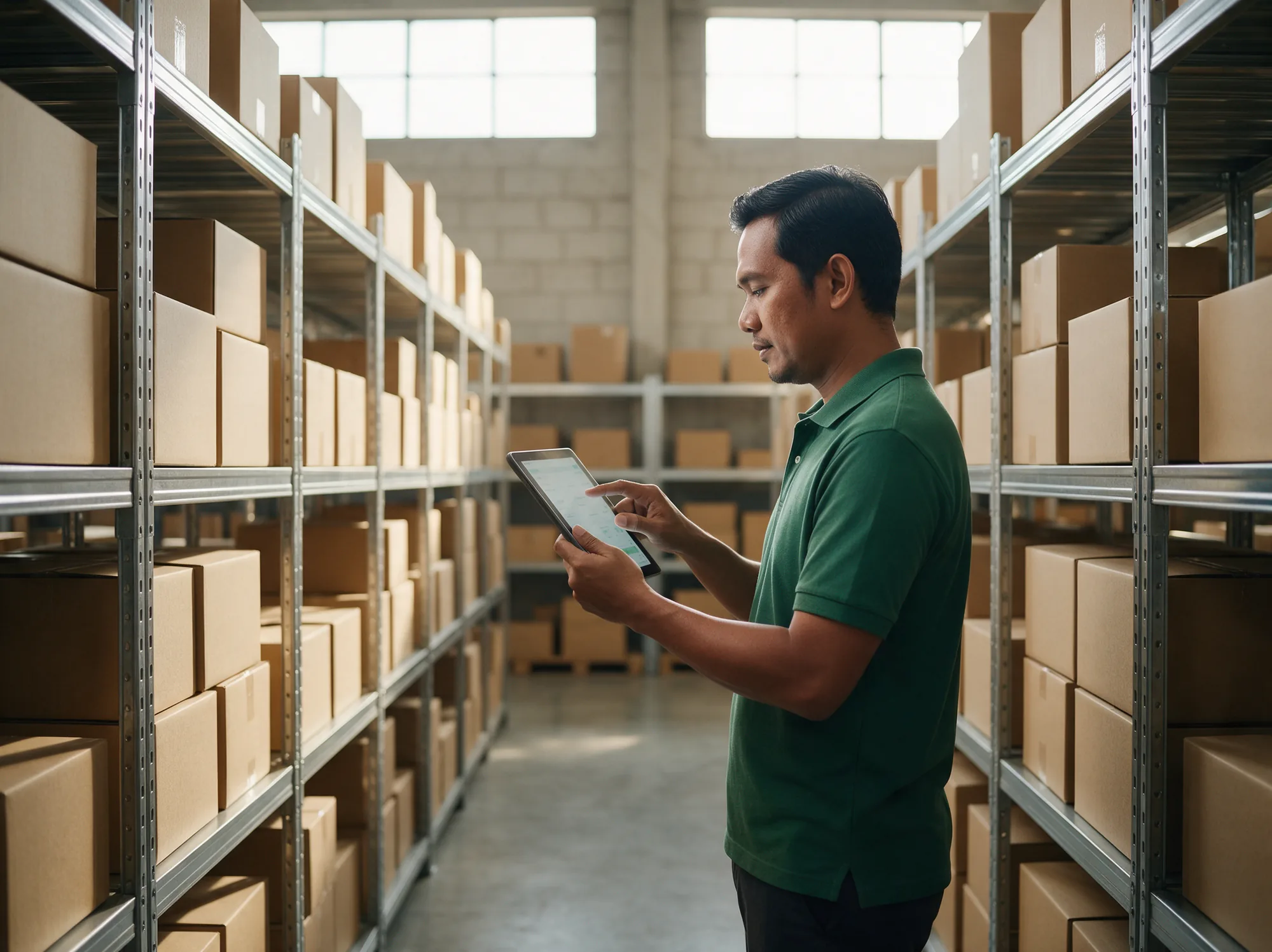 Wholesale buyer placing a trade order on a tablet in a distributor warehouse