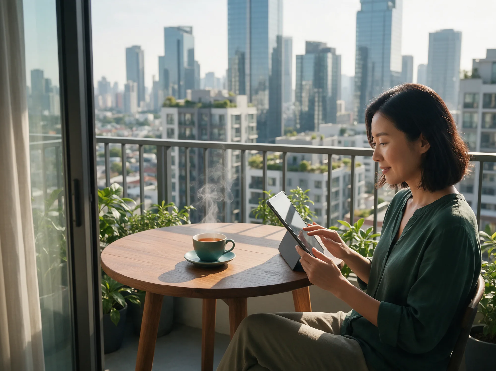 Woman shopping online on a tablet on her apartment balcony
