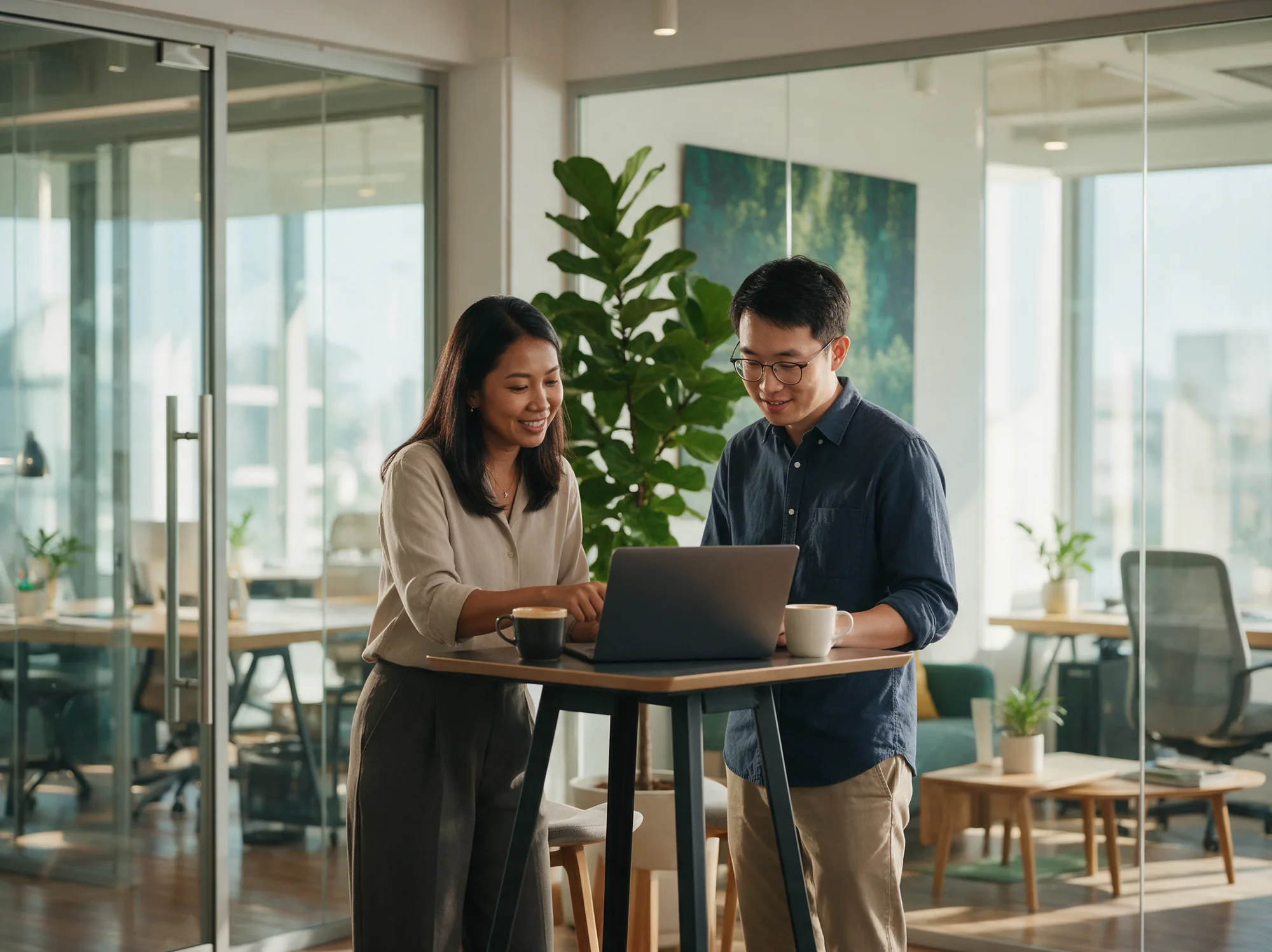 Project lead and engineer reviewing a website launch together on a laptop