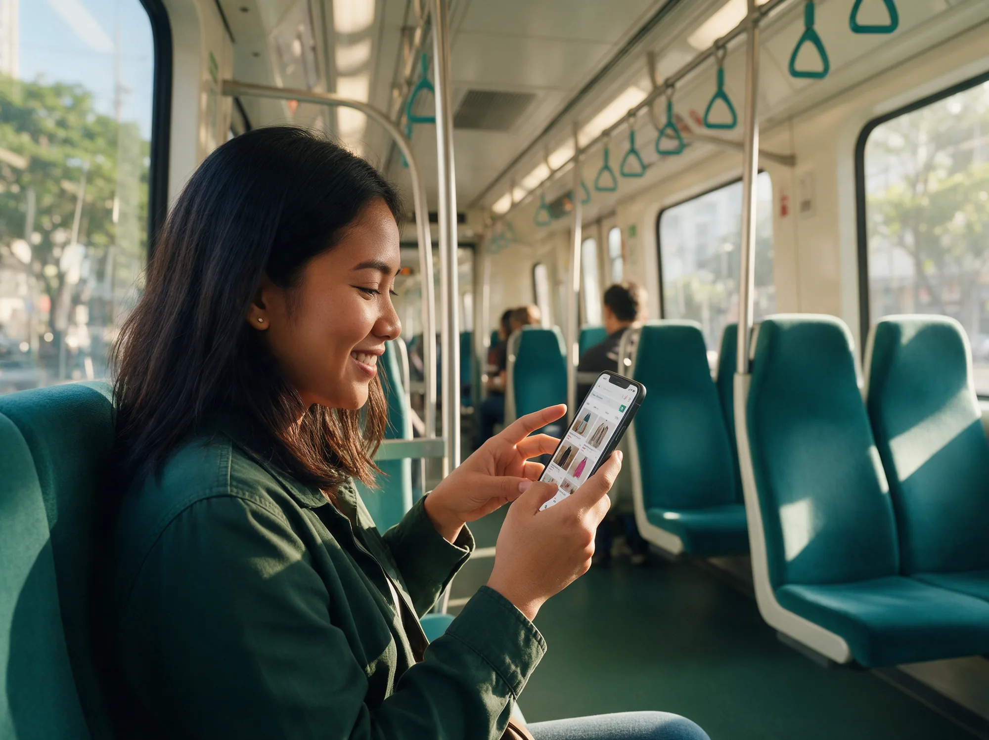 Shopper browsing a fast mobile store on her phone during a train commute